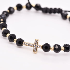 14K Gold Crystal Cross Bracelet – Adjustable Black Cord