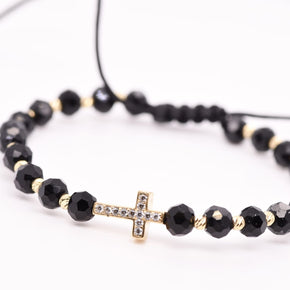 14K Gold Crystal Cross Bracelet – Adjustable Black Cord