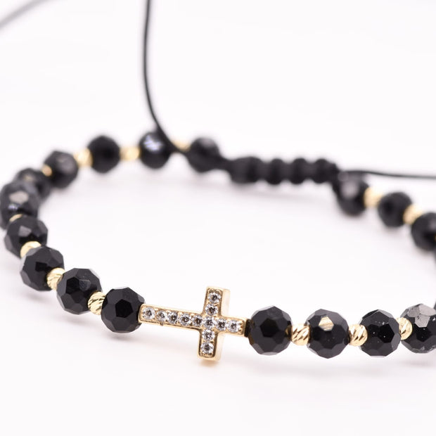 14K Gold Crystal Cross Bracelet – Adjustable Black Cord