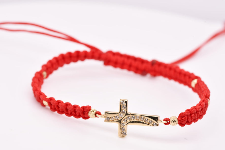 14K Gold Crystal Cross Red String Bracelet – Adjustable