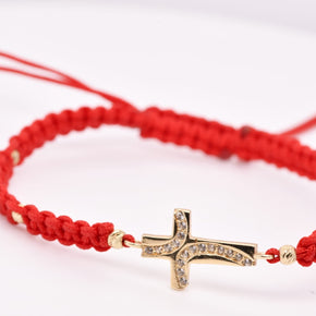 14K Gold Crystal Cross Red String Bracelet – Adjustable