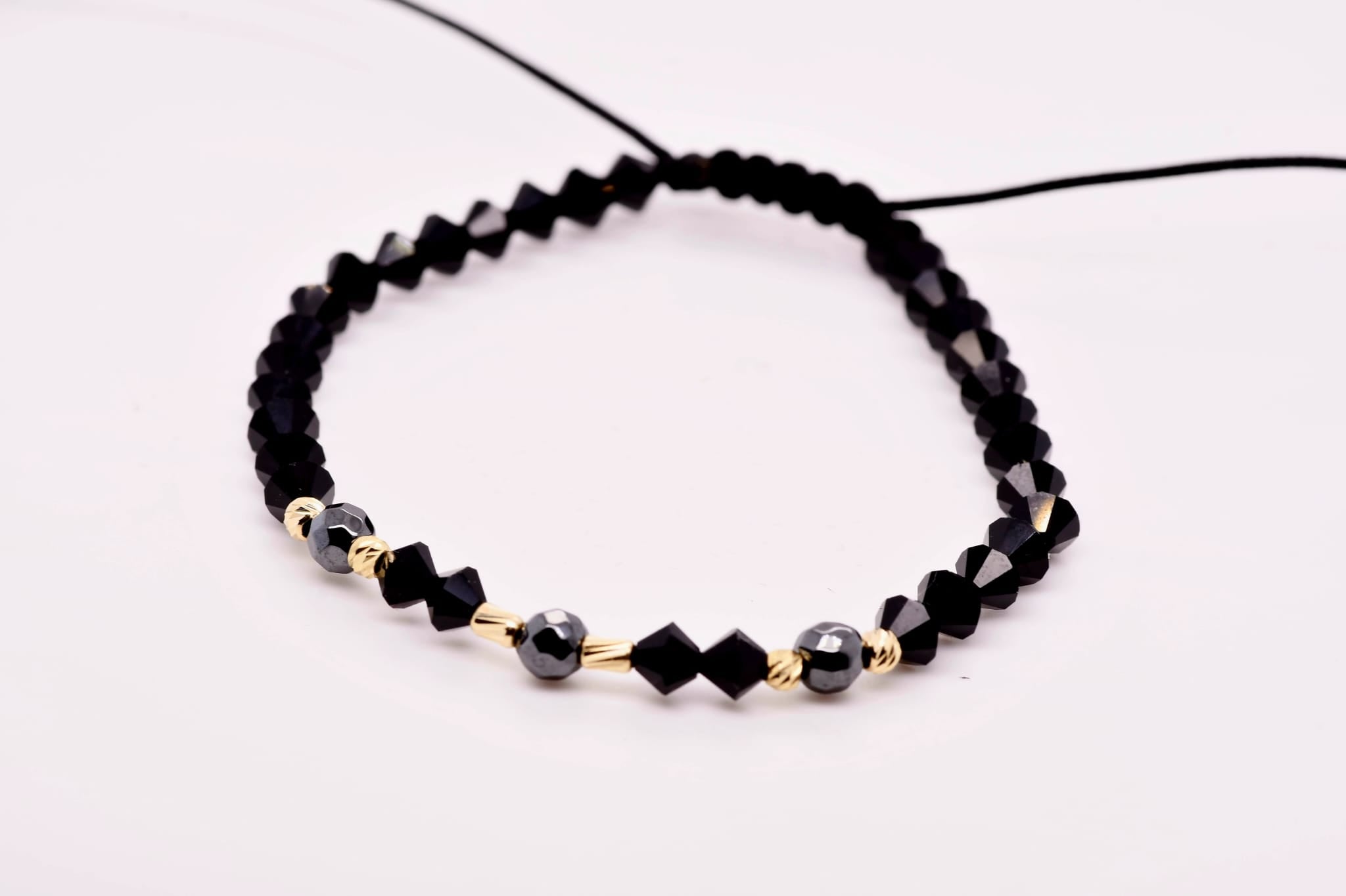 14K Gold Black Crystal & Hematite Bracelet – Adjustable
