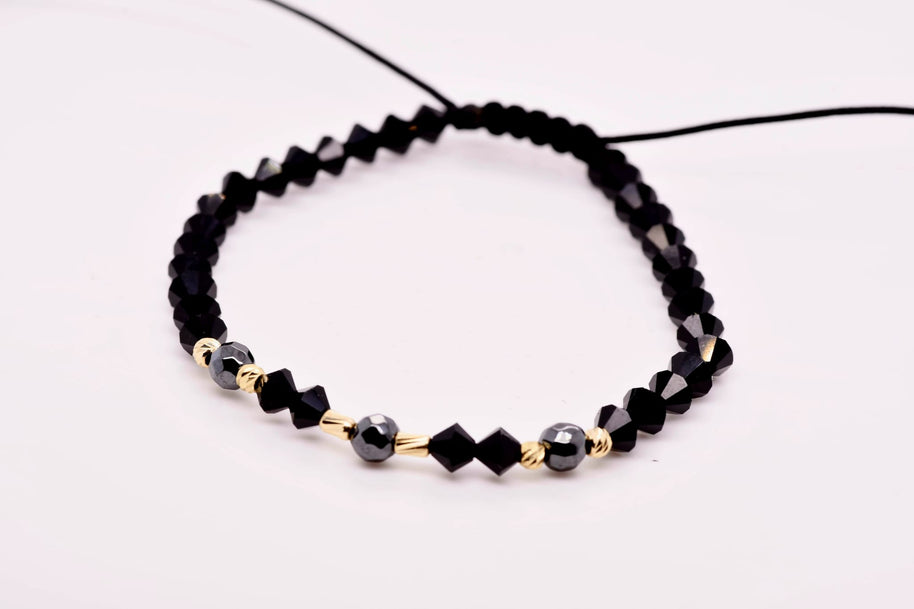 14K Gold Black Crystal & Hematite Bracelet – Adjustable