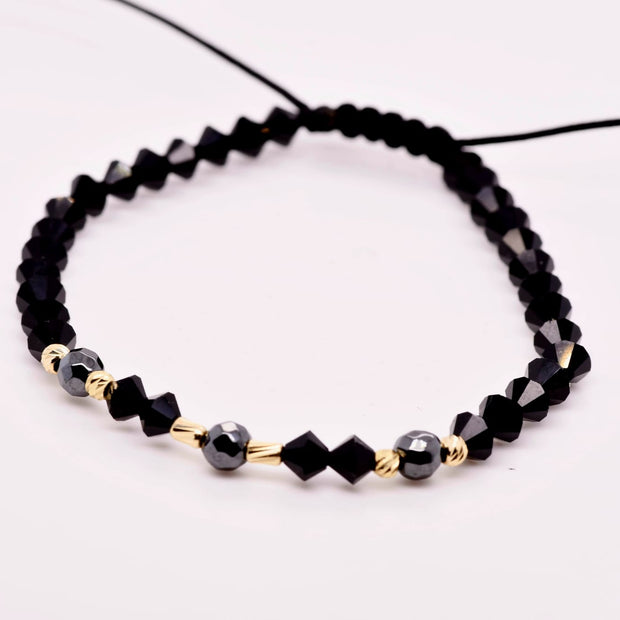 14K Gold Black Crystal & Hematite Bracelet – Adjustable