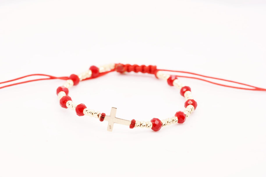14K Gold Cross Red Crystal & Gold Bracelet – Adjustable