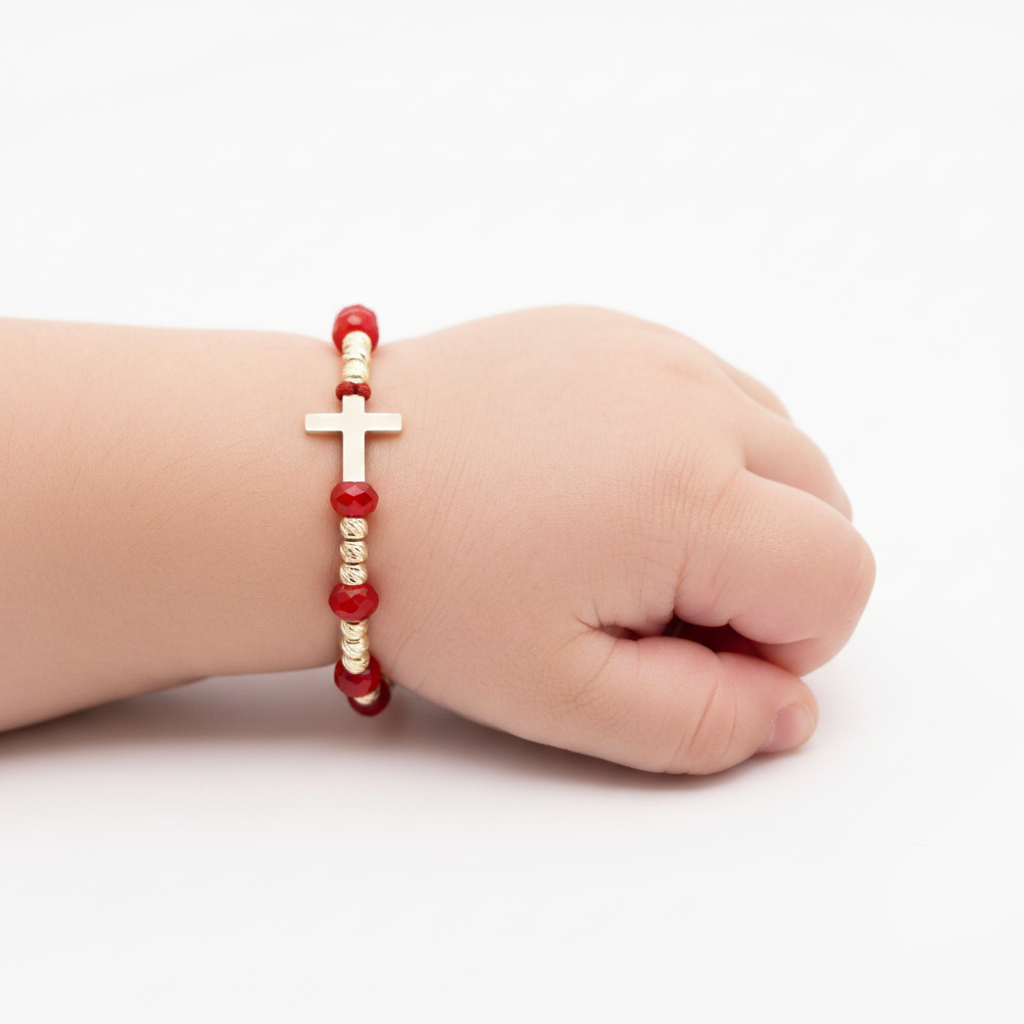 14K Gold Cross Red Crystal & Gold Bracelet – Adjustable