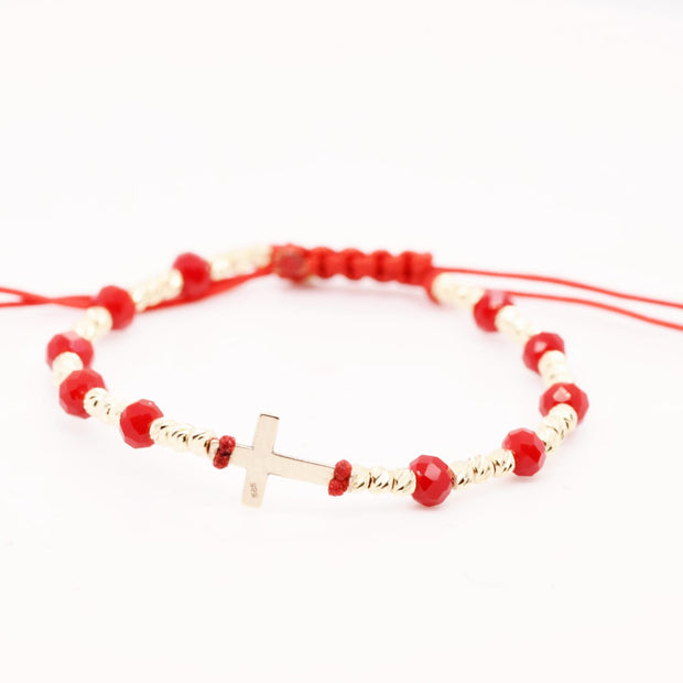 14K Gold Cross Red Crystal & Gold Bracelet – Adjustable