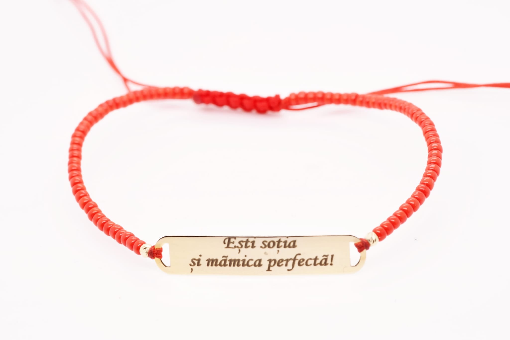 14K Gold Engraved Message Bar Red String Bracelet – Perfect Wife & Mum