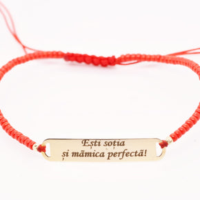 14K Gold Engraved Message Bar Red String Bracelet – Perfect Wife & Mum