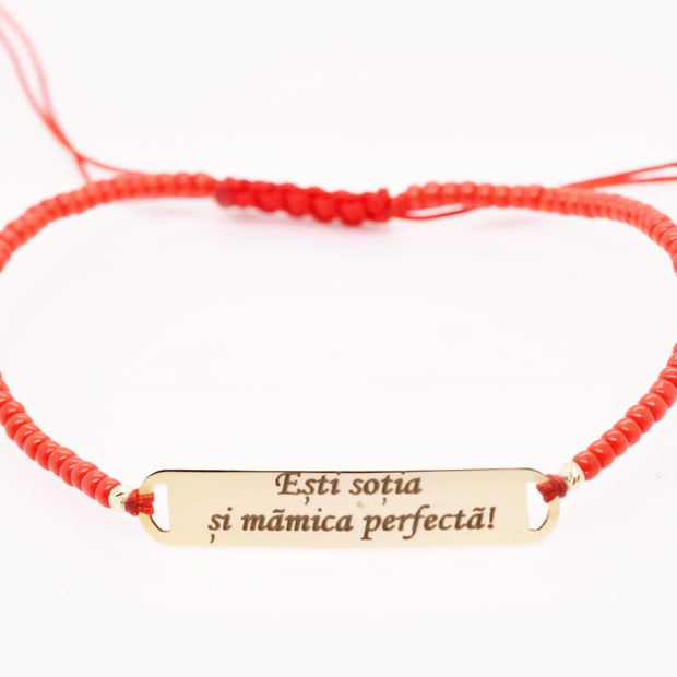 14K Gold Engraved Message Bar Red String Bracelet – Perfect Wife & Mum