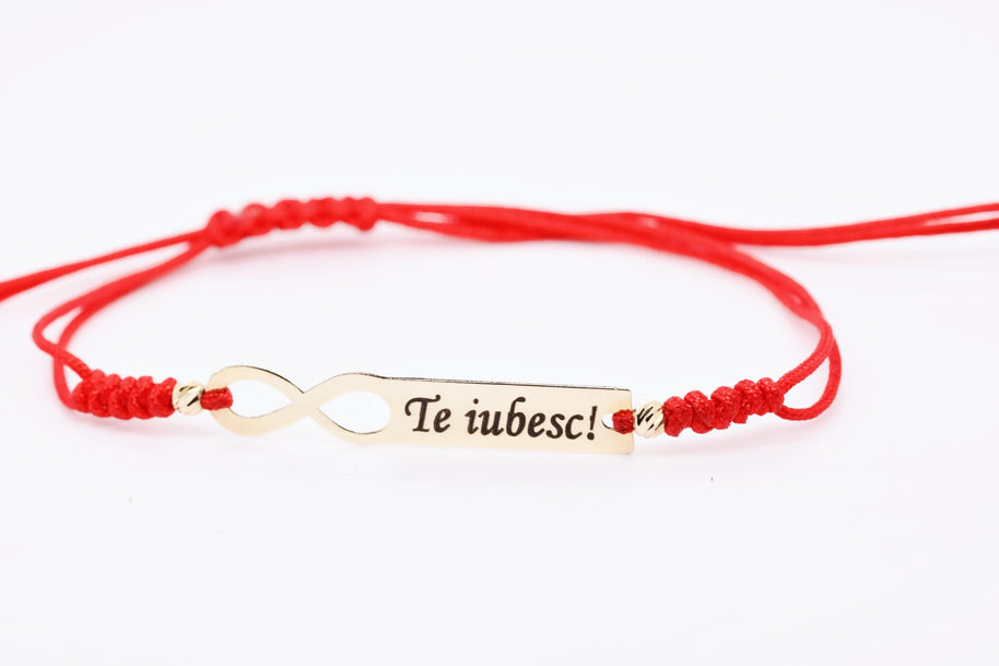 14K Gold Infinity “Te Iubesc!” Engraved Bar Red String Bracelet – Adjustable