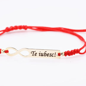 14K Gold Infinity “Te Iubesc!” Engraved Bar Red String Bracelet – Adjustable