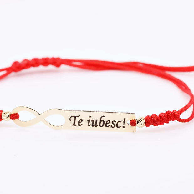 14K Gold Infinity “Te Iubesc!” Engraved Bar Red String Bracelet – Adjustable