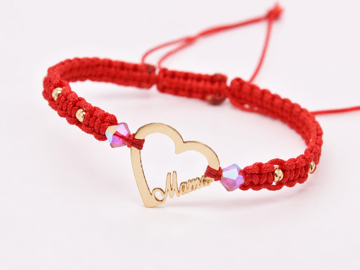 14K Gold “Mama” Heart Red Macramé Bracelet – Adjustable