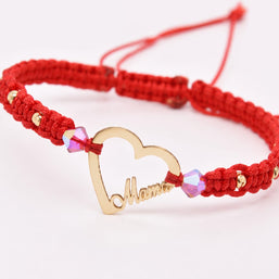14K Gold “Mama” Heart Red Macramé Bracelet – Adjustable