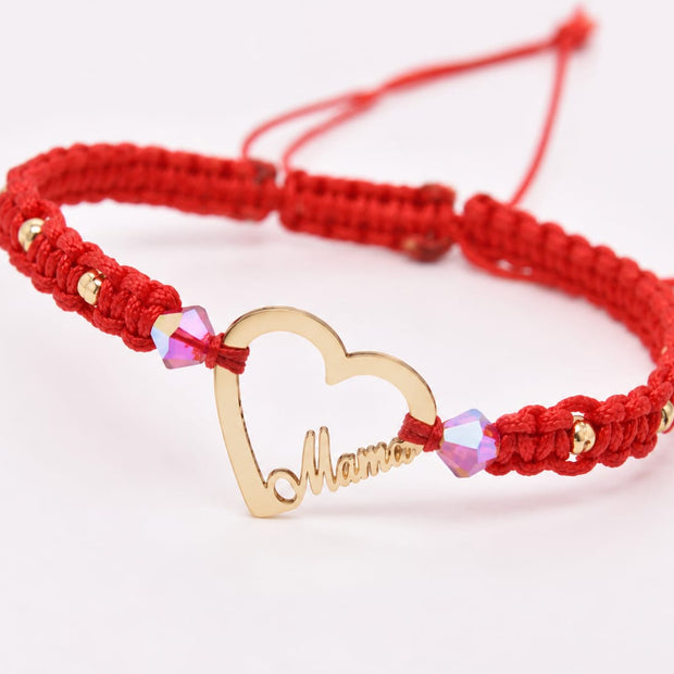 14K Gold “Mama” Heart Red Macramé Bracelet – Adjustable