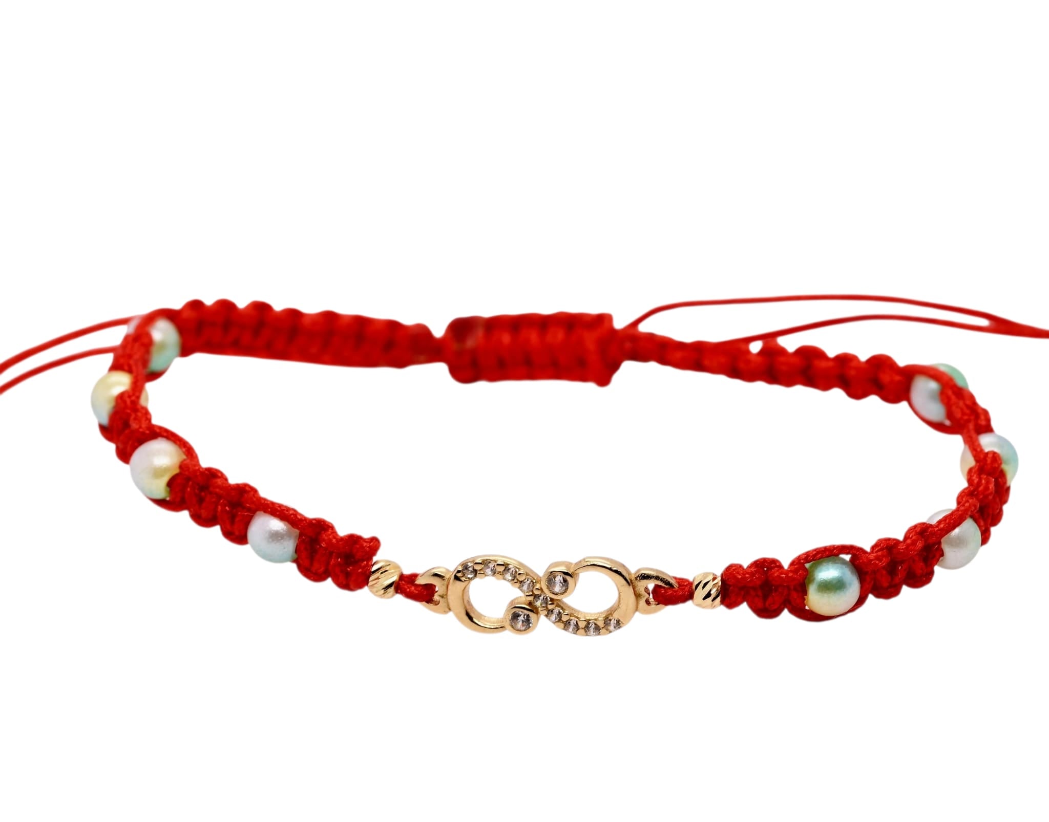 14K Gold Infinity & Freshwater Pearl Red Macramé Bracelet – Adjustable
