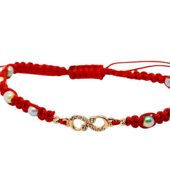 14K Gold Infinity & Freshwater Pearl Red Macramé Bracelet – Adjustable