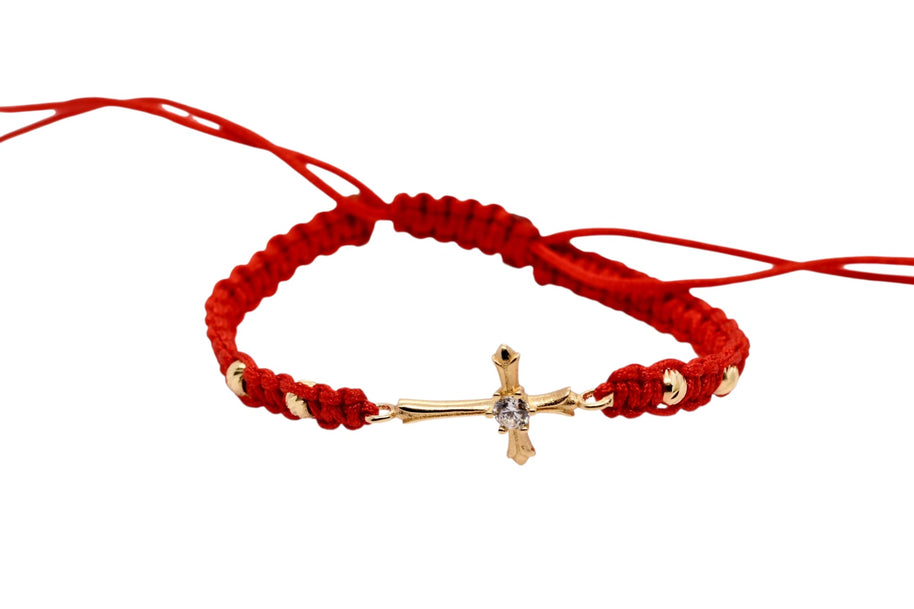 14K Gold Zirconia Cross Red Macramé Bracelet – Adjustable
