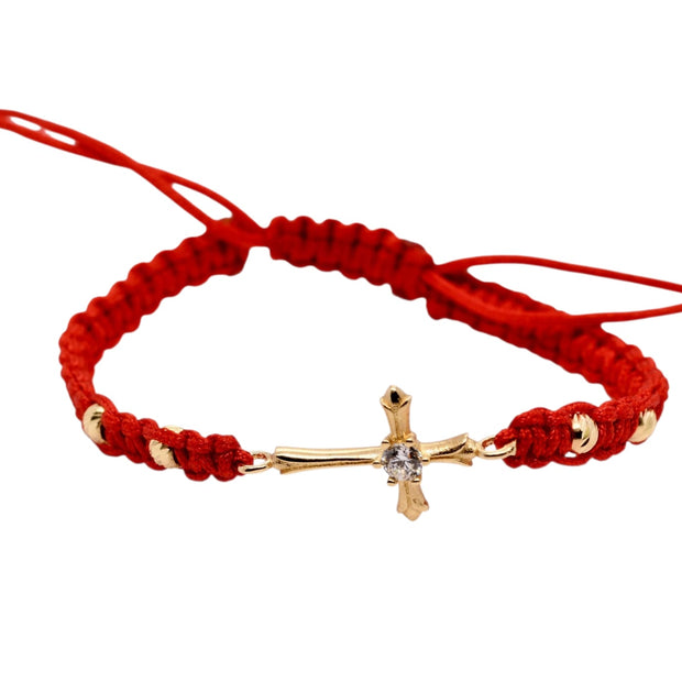 14K Gold Zirconia Cross Red Macramé Bracelet – Adjustable