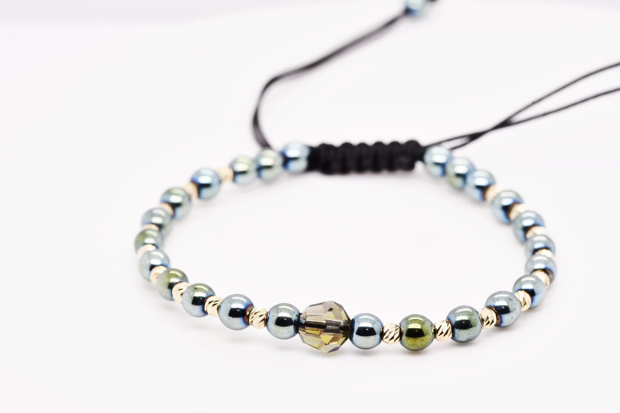 Hematite & Champagne Crystal Black Macramé Bracelet – Adjustable