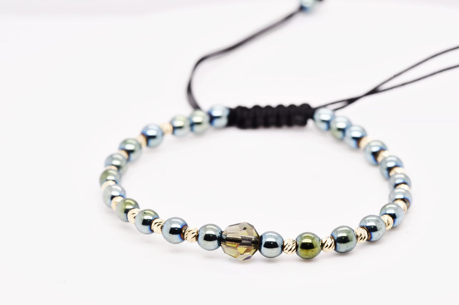 Hematite & Champagne Crystal Black Macramé Bracelet – Adjustable