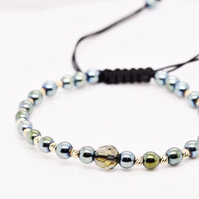 Hematite & Champagne Crystal Black Macramé Bracelet – Adjustable