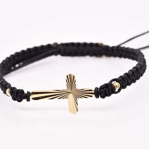 14K Gold Sunburst Cross Charm Black Macramé Bracelet