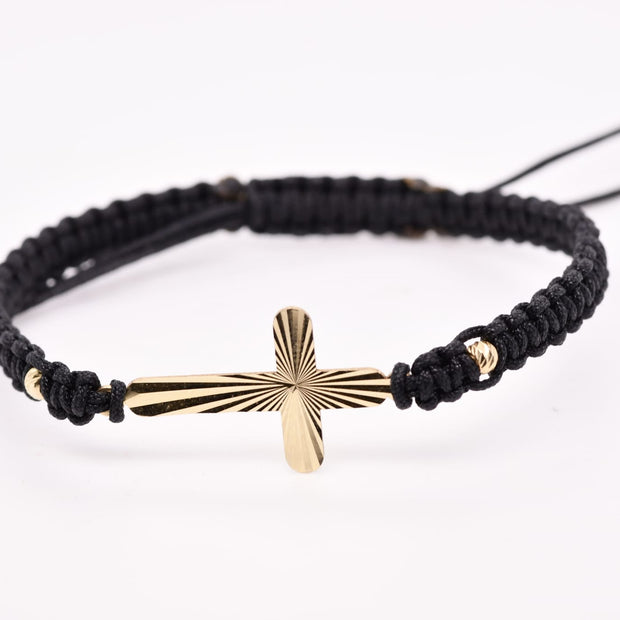 14K Gold Sunburst Cross Charm Black Macramé Bracelet