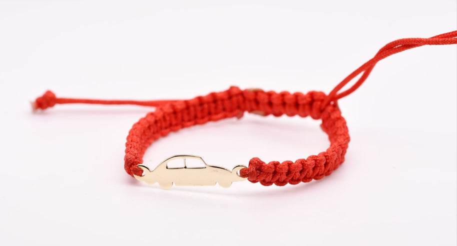 14K Gold Car Charm Red Macramé Bracelet
