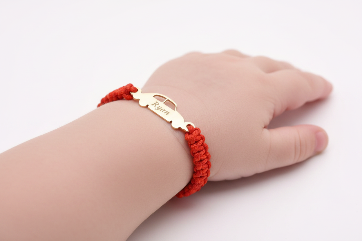14K Gold Car Charm Red Macramé Bracelet