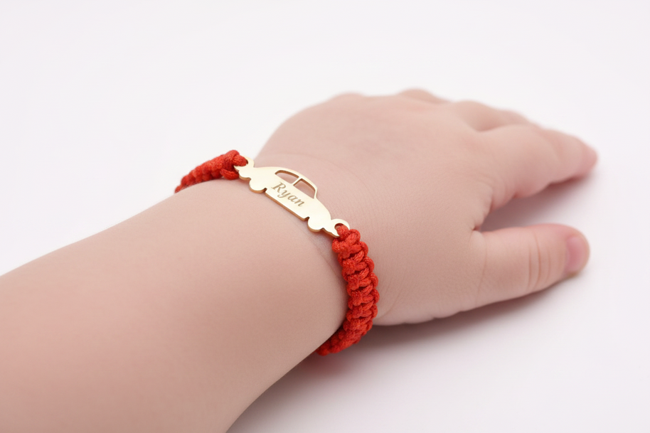 14K Gold Car Charm Red Macramé Bracelet
