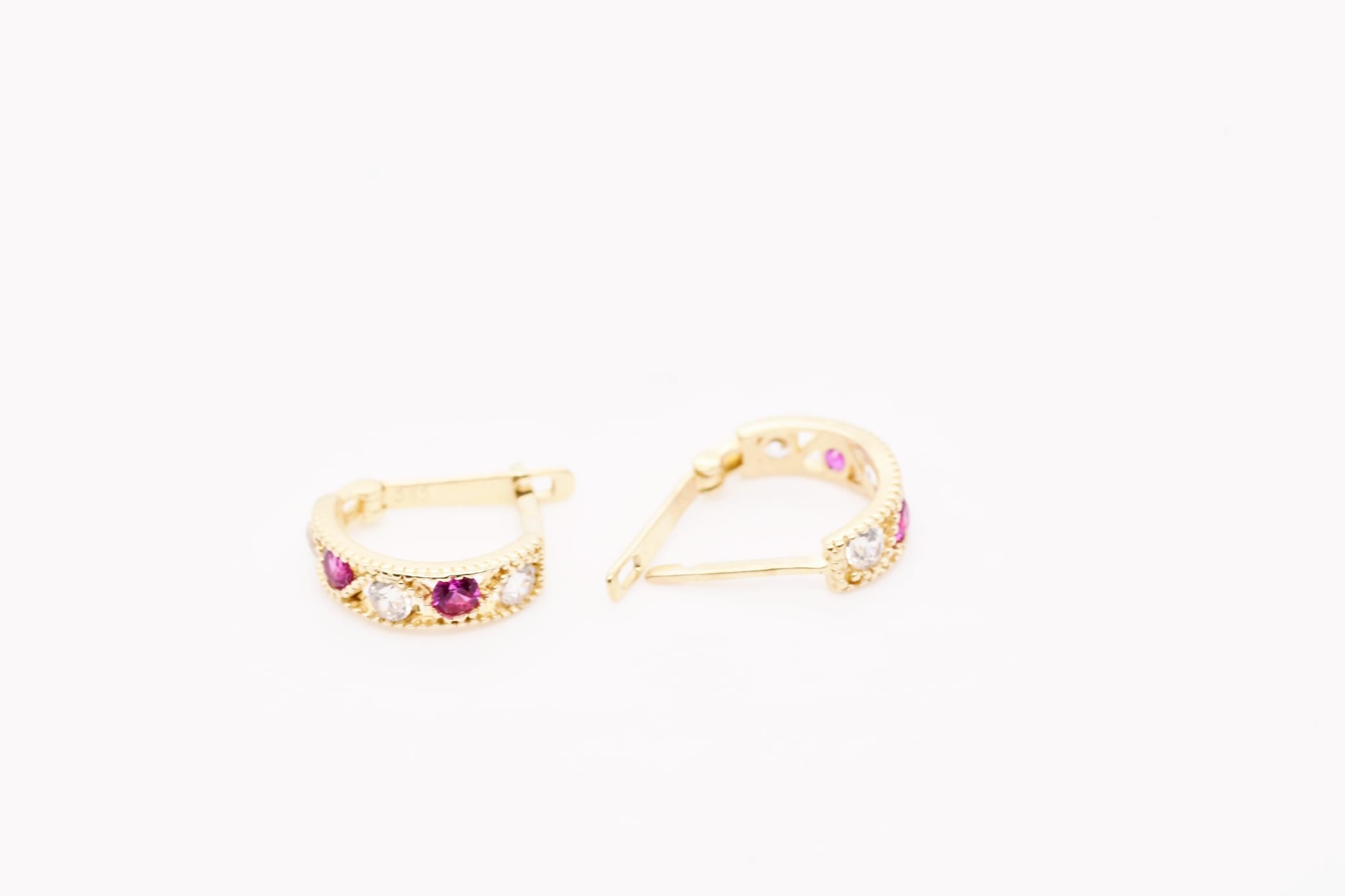 14K Gold Pink & White Stone Children's Earrings