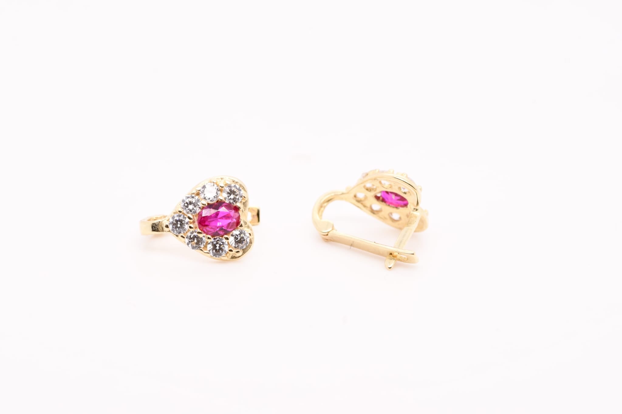 14K Gold Heart Earrings with Pink Stone for Children
