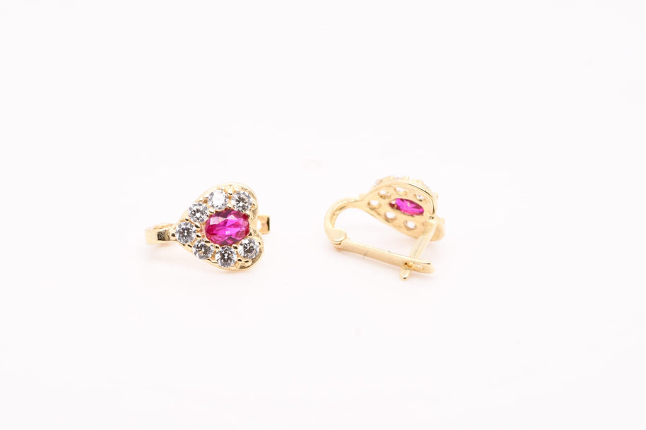 14K Gold Heart Earrings with Pink Stone for Children