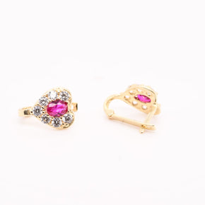 14K Gold Heart Earrings with Pink Stone for Children