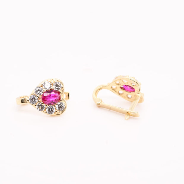 14K Gold Heart Earrings with Pink Stone for Children