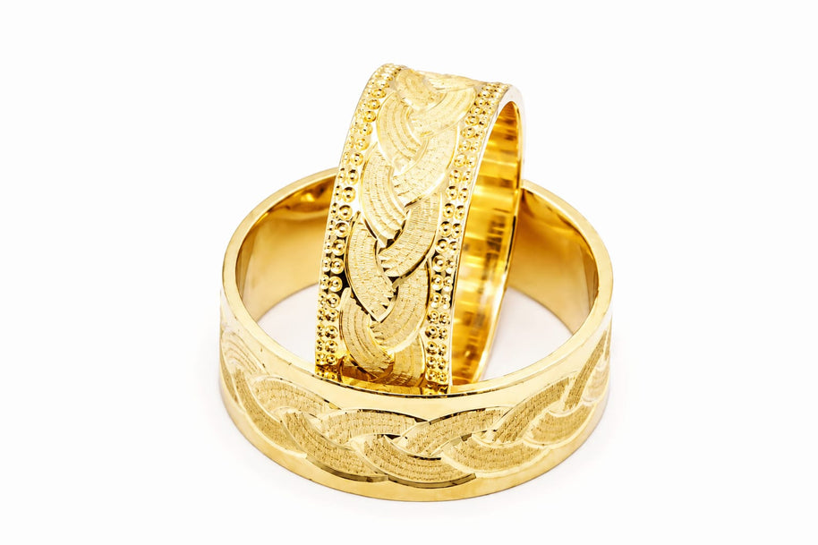 14K Gold Wedding Bands | Hand-Engraved Braided & Floral His & Hers