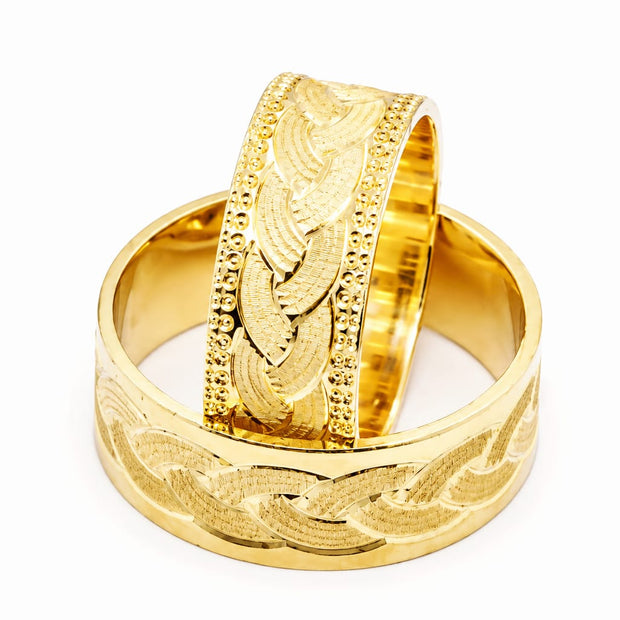14K Gold Wedding Bands | Hand-Engraved Braided & Floral His & Hers