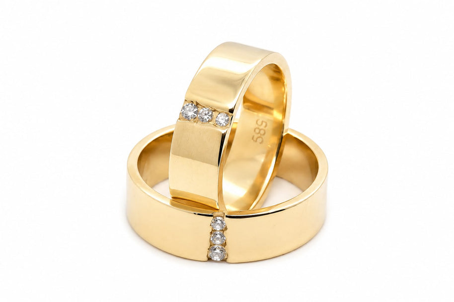 14K Gold Wedding Bands with Stones | Polished Flat & Zirconia His & Hers