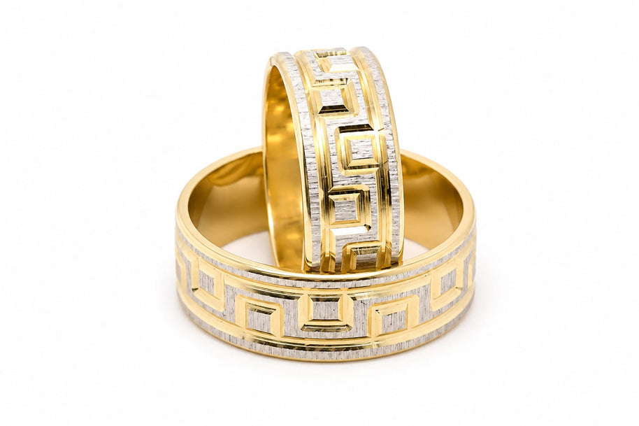 14K Gold Wedding Bands | Two-Tone Greek Key Textured His & Hers