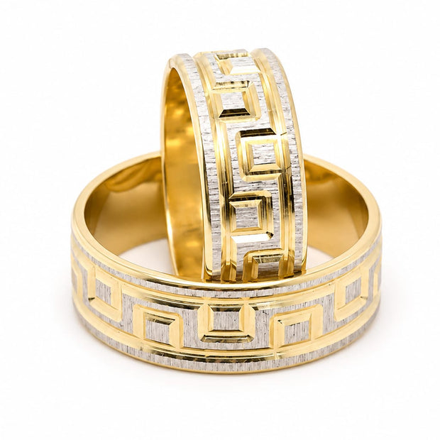 14K Gold Wedding Bands | Two-Tone Greek Key Textured His & Hers