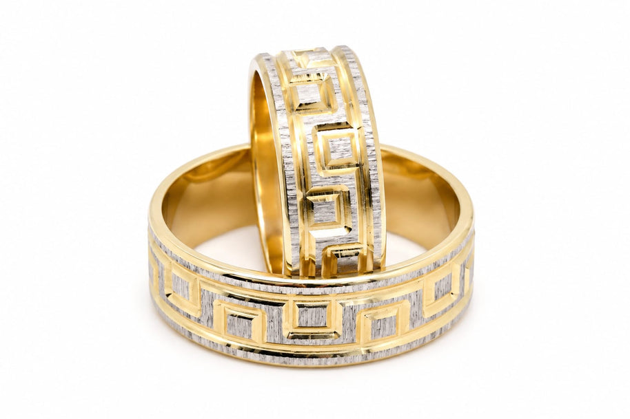 14K Gold Wedding Bands | Two-Tone Greek Key Textured His & Hers