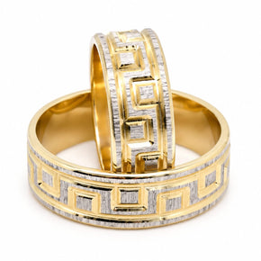 14K Gold Wedding Bands | Two-Tone Greek Key Textured His & Hers
