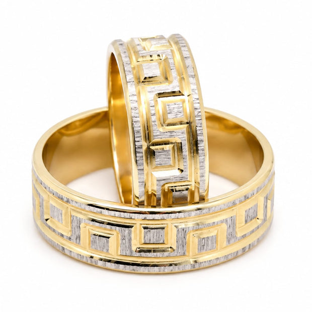14K Gold Wedding Bands | Two-Tone Greek Key Textured His & Hers