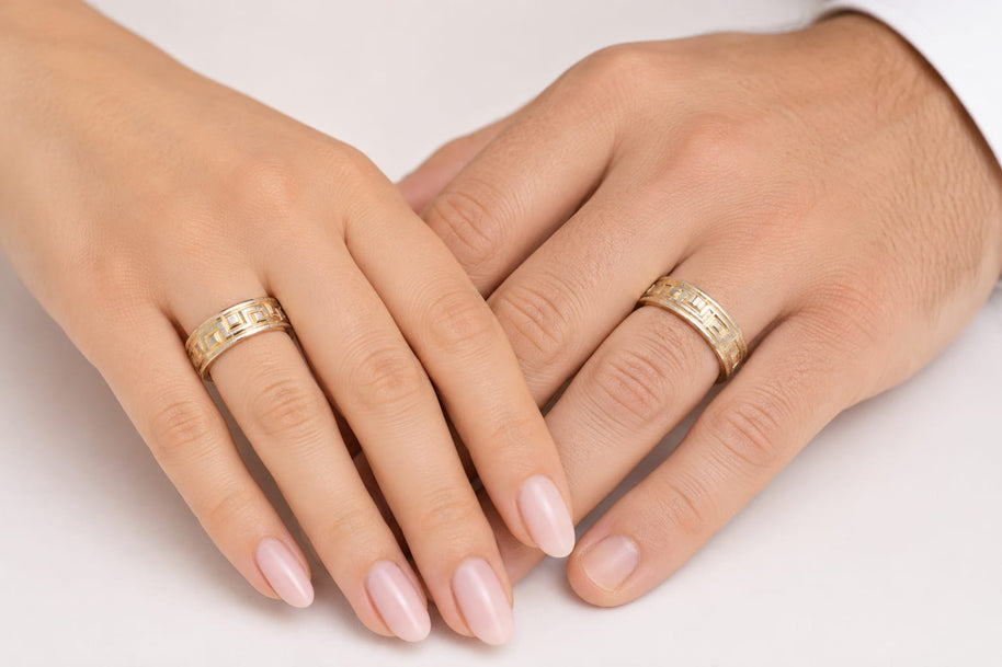14K Gold Wedding Bands | Two-Tone Greek Key Textured His & Hers