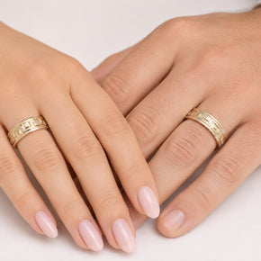 14K Gold Wedding Bands | Two-Tone Greek Key Textured His & Hers