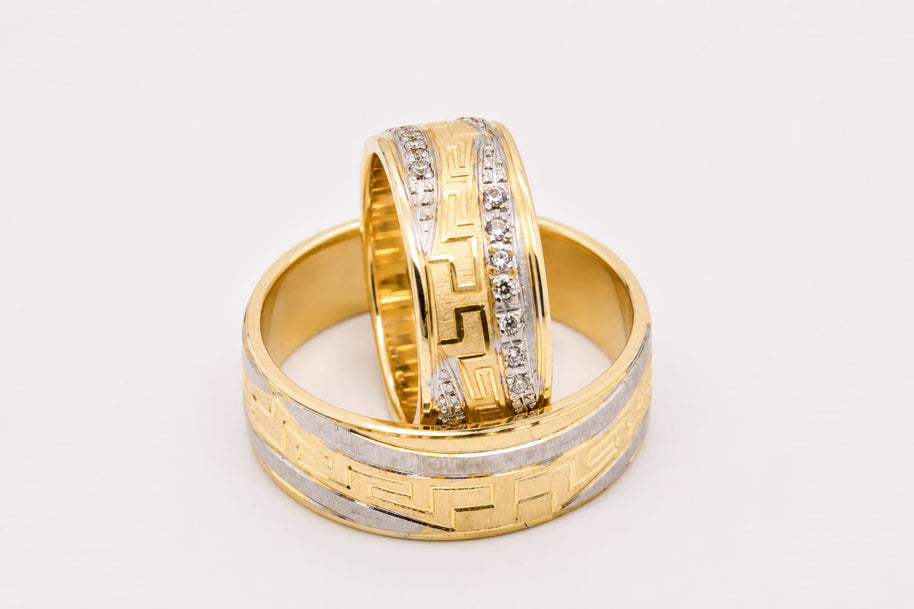 14K Gold Wedding Bands | Two-Tone Greek Key & Zirconia His & Hers
