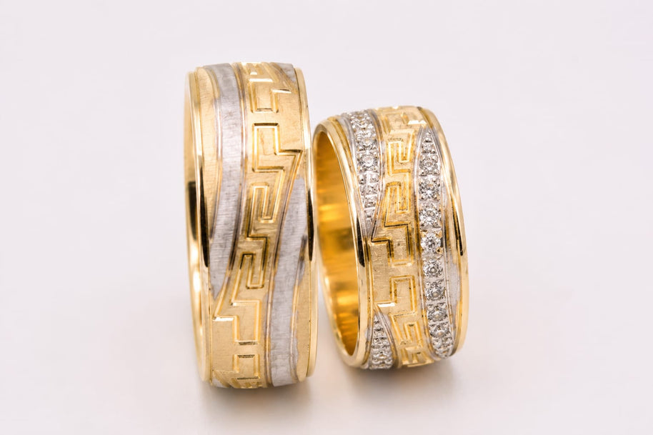14K Gold Wedding Bands | Two-Tone Greek Key & Zirconia His & Hers