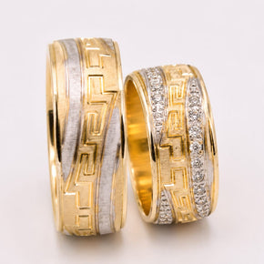 14K Gold Wedding Bands | Two-Tone Greek Key & Zirconia His & Hers